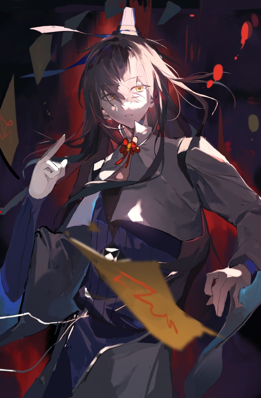 1boy absurdres black_hair blue_shirt chinese_clothes chinese_commentary commentary_request dong_fang_xian_yun hand_up hat headwear_request highres kuma_(yoooooooo152) long_hair long_sleeves male_focus ofuda procreate_(medium) shirt shrug_(clothing) solo white_shrug wo_jia_dashi_xiong_naozi_you_keng yellow_eyes