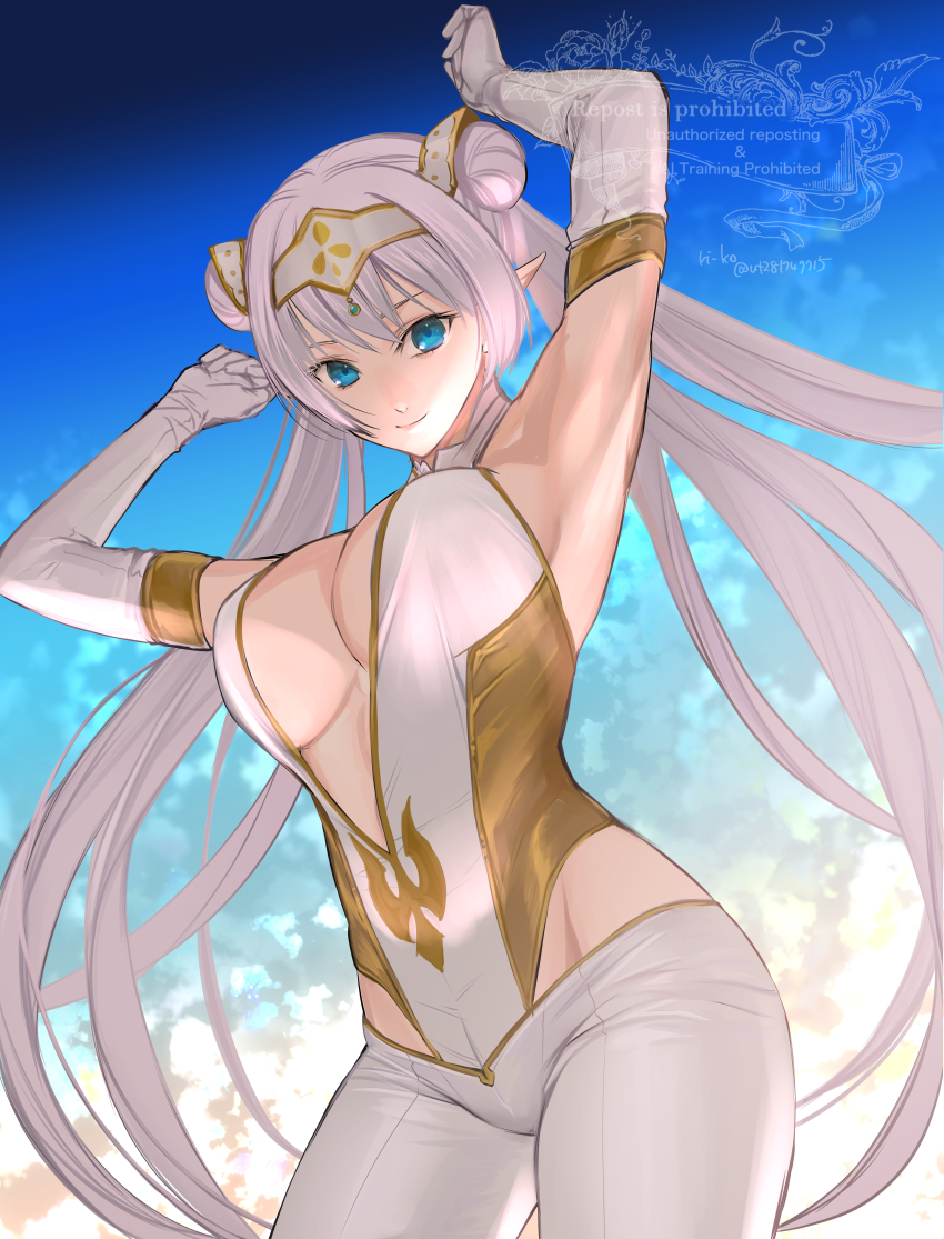 1girl absurdres armpits arms_up bare_shoulders blue_eyes blue_sky breasts britomart_(fate) britomart_(second_ascension)_(fate) center_opening cleavage double_bun elbow_gloves fate/grand_order fate_(series) gloves gold_leotard gold_trim grey_hair hair_bun hairband highres large_breasts leotard long_hair looking_at_viewer multicolored_leotard pants pointy_ears ri-ko sky smile solo tight_clothes tight_pants twintails two-tone_leotard very_long_hair white_gloves white_leotard white_pants