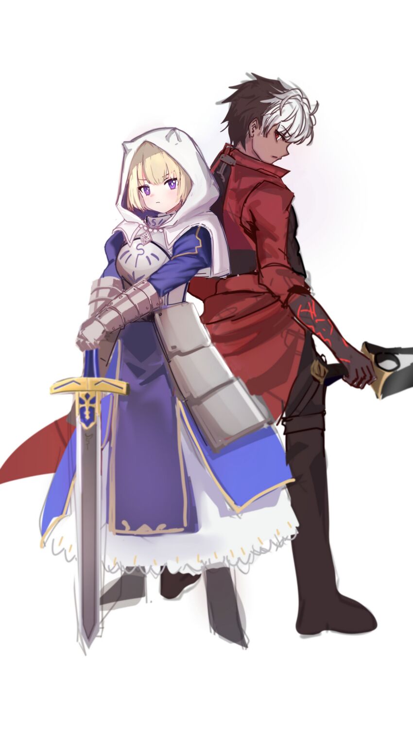 1boy 1girl absurdres adbo alternate_eye_color archer_(fate) archer_(fate)_(cosplay) armor armored_skirt artoria_pendragon_(fate) black_hair blonde_hair brown_dust_(series) brown_dust_2 capelet chest_armor closed_mouth cosplay dark-skinned_male dark_skin dual_wielding eyebrows_hidden_by_hair fate_(series) full_body greaves hair_between_eyes highres holding holding_sword holding_weapon justia_(brown_dust) lathel_(brown_dust) looking_at_viewer multicolored_hair purple_eyes red_eyes saber_(fate) saber_(fate)_(cosplay) short_hair simple_background small_horns sword two-tone_hair weapon white_background white_capelet white_hair white_hood