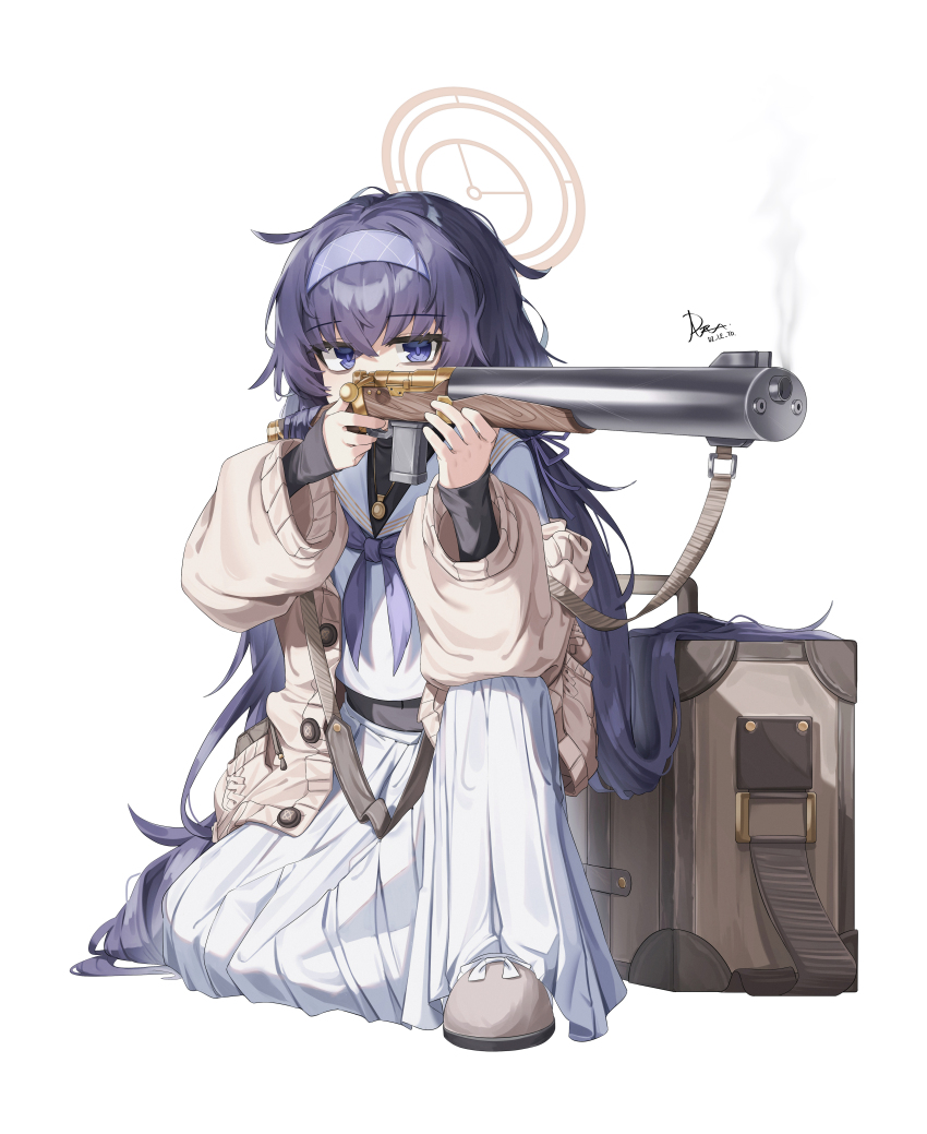 1girl absurdres bags_under_eyes black_hair black_shirt blue_archive bolt-action_rifle carbine commentary_request de_lisle_carbine di_le_to gun hairband halo highres integral_suppressor integrally-suppressed_firearm long_hair neckerchief pistol-caliber_carbine purple_eyes purple_hairband purple_neckerchief rifle school_uniform serafuku shirt simple_background solo suppressor ui_(blue_archive) weapon white_background white_serafuku
