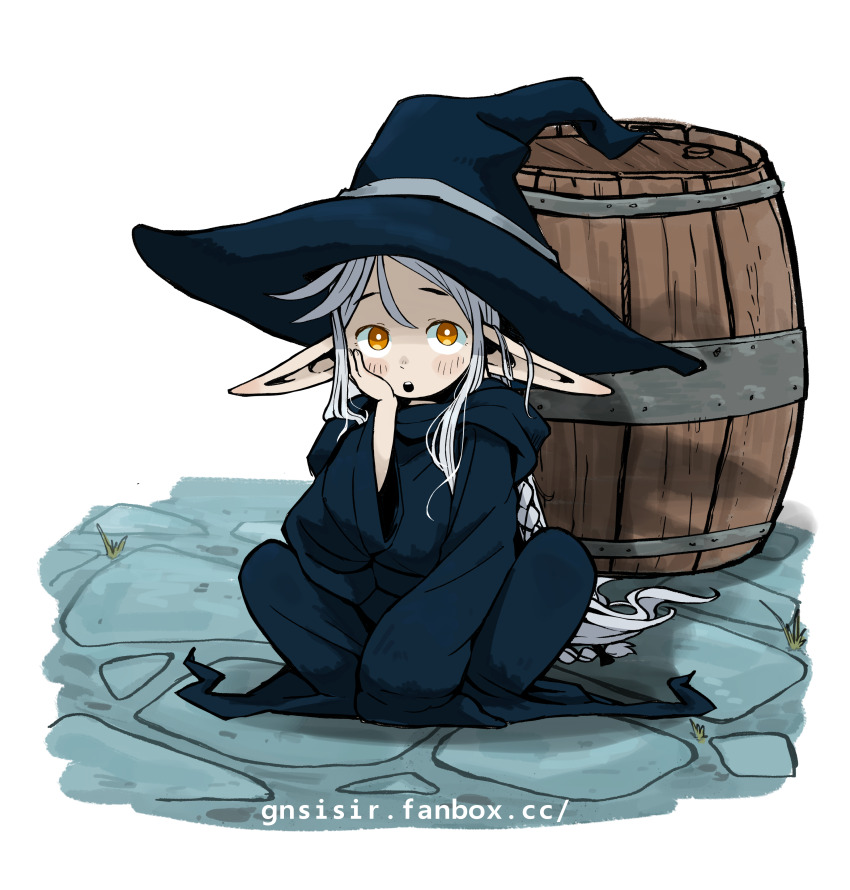 1girl :o absurdres barrel black_hat bright_pupils commentary elf english_commentary fanbox_username gnsisir grey_hair hat highres long_hair long_pointy_ears long_sleeves orange_eyes original pointy_ears sitting sleeves_past_fingers sleeves_past_wrists solo squatting teeth transparent_background upper_teeth_only white_pupils witch_hat