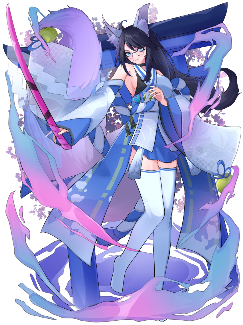 1girl absurdres ahoge animal_ear_fluff animal_ears black-framed_eyewear blue_choker blue_eyes blue_hair blue_kimono blue_sleeves breasts choker detached_sleeves dradra_tw fox_ears fox_girl fox_tail glasses highres holding holding_sword holding_weapon japanese_clothes kimono kson large_breasts long_hair looking_at_viewer mole mole_under_eye multicolored_hair purple_hair smile streaked_hair sword tail thighhighs virtual_youtuber vshojo weapon white_thighhighs