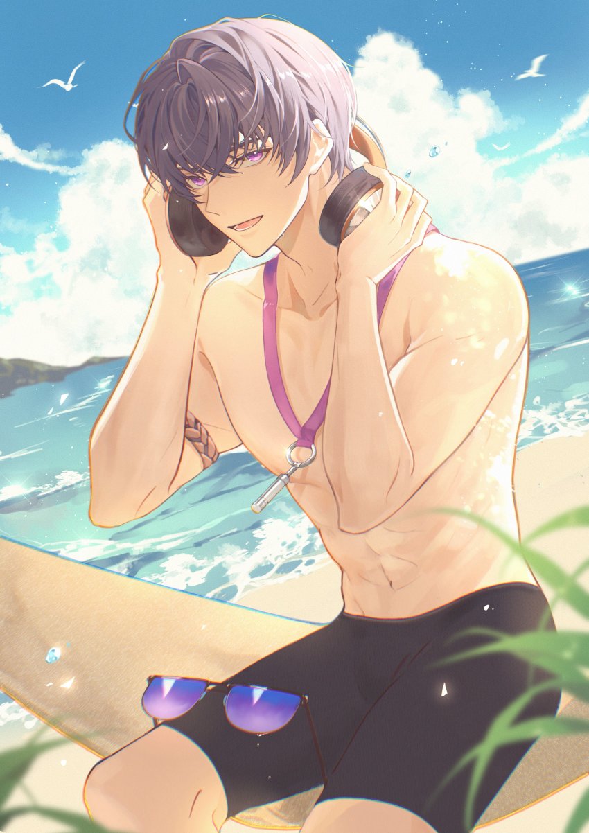 1boy :d absurdres beach black_jammers black_male_swimwear blue_sky chromatic_aberration cloud cloudy_sky headphones highres holding holding_headphones jammers jiukuzi18797 male_swimwear marius_von_hagen_(tears_of_themis) navel open_mouth outdoors purple_eyes purple_hair sand short_hair sky smile solo sunglasses swimsuit tears_of_themis topless_male water