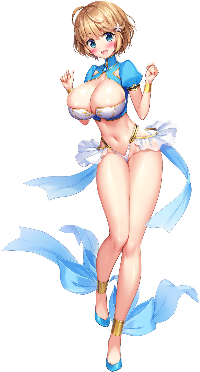1girl absurdres blue_eyes blue_ribbon blue_shoes blue_vest blush breasts brown_hair cleavage cleavage_cutout clothing_cutout crop_top derauea flower_hairpin footwear_ribbon game_cg high_heels highres large_breasts leg_up looking_at_viewer milk_factory motto!_haramase!_honoo_no_oppai_chou_ero_appli_gakuen! navel non-web_source official_art open_mouth puffy_short_sleeves puffy_sleeves ribbon shoes short_hair short_sleeves skindentation smile solo standing tachi-e teeth thong transparent_background upper_teeth_only vest w_arms yutani_hinata