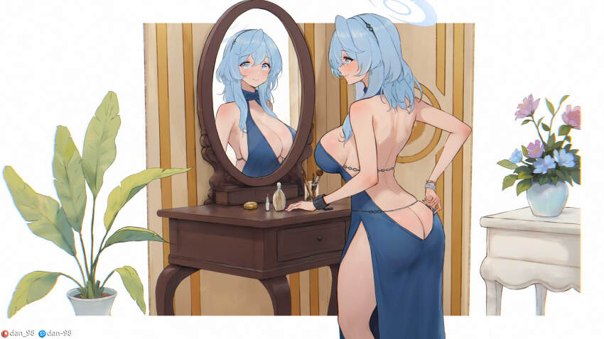 1girl ako_(blue_archive) ako_(dress)_(blue_archive) ass backless_dress backless_outfit bare_shoulders blue_archive blue_dress blue_eyes blue_hair blue_halo blush bracelet breasts butt_crack cleavage closed_mouth cuffs dan-98 dress flower hair_between_eyes hair_ornament halo halter_dress halterneck highres holding indoors jewelry large_breasts long_hair looking_at_viewer mirror multiple_bracelets official_alternate_costume paid_reward_available plant plunging_neckline shackles side_slit sideboob sideless_dress sleeveless sleeveless_dress smile solo standing
