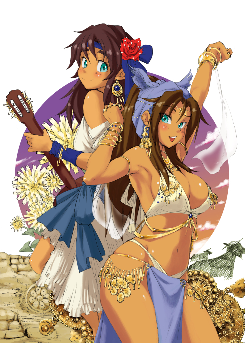2girls absurdres arm_up bare_shoulders blush bracelet breasts brown_hair circlet closed_mouth dark-skinned_female dark_skin earrings flower guitar gypsy hands_up headband highres instrument jewelry large_breasts long_hair looking_at_viewer looking_back multiple_girls navel nekoguchi open_mouth original pelvic_curtain ring smile stomach teeth thighs upper_teeth_only