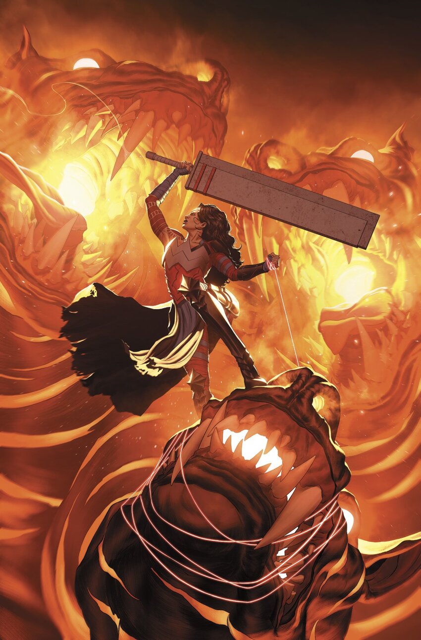 1boy 1girl absolute_dc absolute_wonder_woman arm_tattoo armored_boots black_hair boots cerberus dc_comics fire from_side greyscale highres holding holding_lasso holding_sword holding_weapon huge_weapon lasso long_hair mattia_de_iulis monochrome monster official_alternate_costume standing sword tattoo weapon wonder_woman wonder_woman_(series)