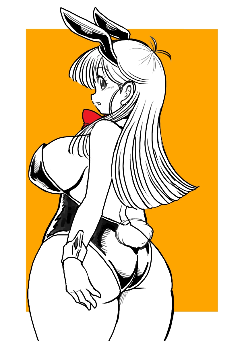1girl :o absurdres adapted_costume alternate_costume animal_ears armor ass bare_legs bare_shoulders black_leotard breastplate breasts bulma cleavage detached_collar dragon_ball dragon_ball_(classic) fake_animal_ears fake_tail grabbing_own_ass greyscale_with_colored_background hairband highleg highleg_leotard highres huge_ass koutarosu large_breasts leotard leotard_under_clothes long_hair looking_at_viewer looking_back monochrome official_alternate_costume playboy_bunny rabbit_ears rabbit_tail shiny_clothes sideboob skindentation solo standing tail white_background