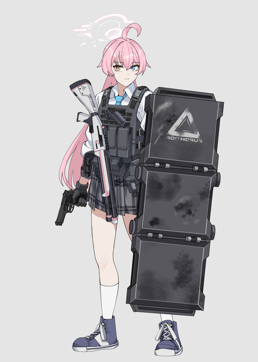 1girl absurdres ahoge beretta_1301 beretta_92 blue_archive blue_eyes blue_necktie brown_eyes closed_mouth collared_shirt commentary_request full_body gar32 grey_background grey_shoes grey_skirt gun hair_between_eyes halo handgun heterochromia highres holding holding_gun holding_weapon hoshino_(armed)_(blue_archive) hoshino_(blue_archive) long_hair necktie pink_hair plaid_clothes plaid_skirt pleated_skirt riot_shield shield shirt shoes shotgun simple_background skirt socks solo standing very_long_hair weapon white_shirt white_socks