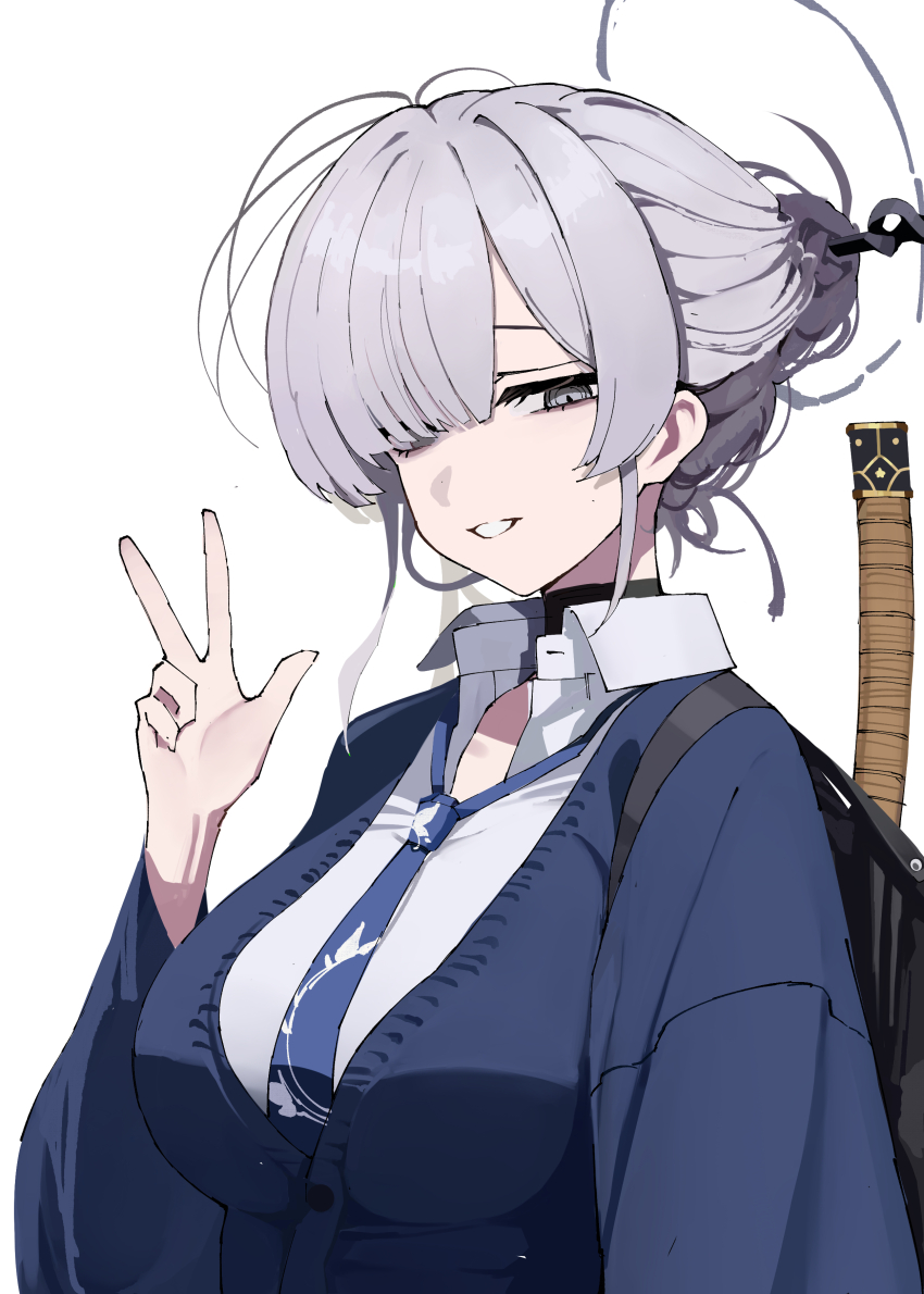 1girl absurdres black_choker blue_cardigan blue_necktie blunt_bangs breasts cardigan choker djan grey_eyes hair_between_eyes hair_bun hair_over_one_eye highres itokonoue_kaoru large_breasts necktie open_mouth project_kv shirt sidelocks sword sword_on_back v weapon weapon_on_back white_hair white_shirt