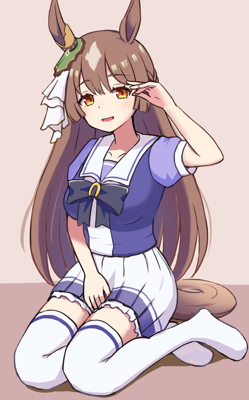 animal_ears brown_hair ear_ornament gdgd hand_up highres horse_ears horse_girl horse_tail kneehighs legs_folded long_hair looking_at_viewer on_ground ribbon satono_diamond_(umamusume) school_uniform smile socks solo tail tracen_school_uniform umamusume