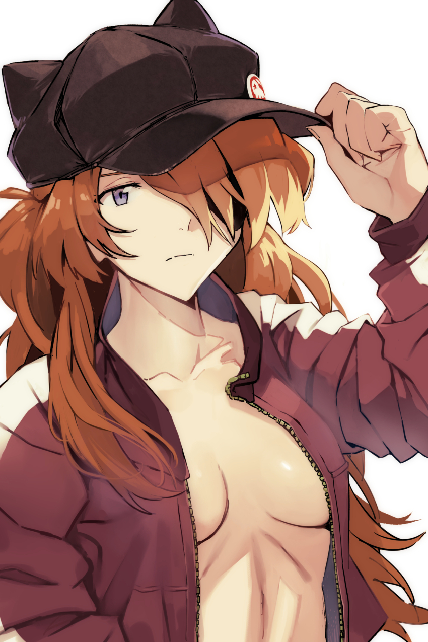 1girl abs absurdres adjusting_clothes adjusting_headwear animal_ear_headwear animal_ears badge black_hat brown_hair button_badge cabbie_hat cat_ears closed_mouth collarbone commentary evangelion:_3.0_you_can_(not)_redo eyepatch fake_animal_ears hair_over_one_eye hand_on_headwear hat highres jacket light_frown long_hair long_sleeves neon_genesis_evangelion no_shirt rebuild_of_evangelion red_jacket single_vertical_stripe solo souryuu_asuka_langley toned toned_female two_side_up unzipped upper_body very_long_hair white_trim yagisawa_teru zipper