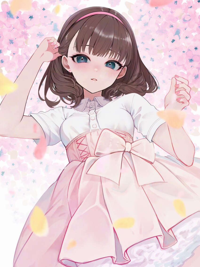 1girl adjusting_hair blue_eyes blush breasts brown_hair hairband high-waist_skirt highres idolmaster idolmaster_cinderella_girls looking_at_viewer parted_lips petals sakuma_mayu saltylemontea skirt small_breasts smile solo
