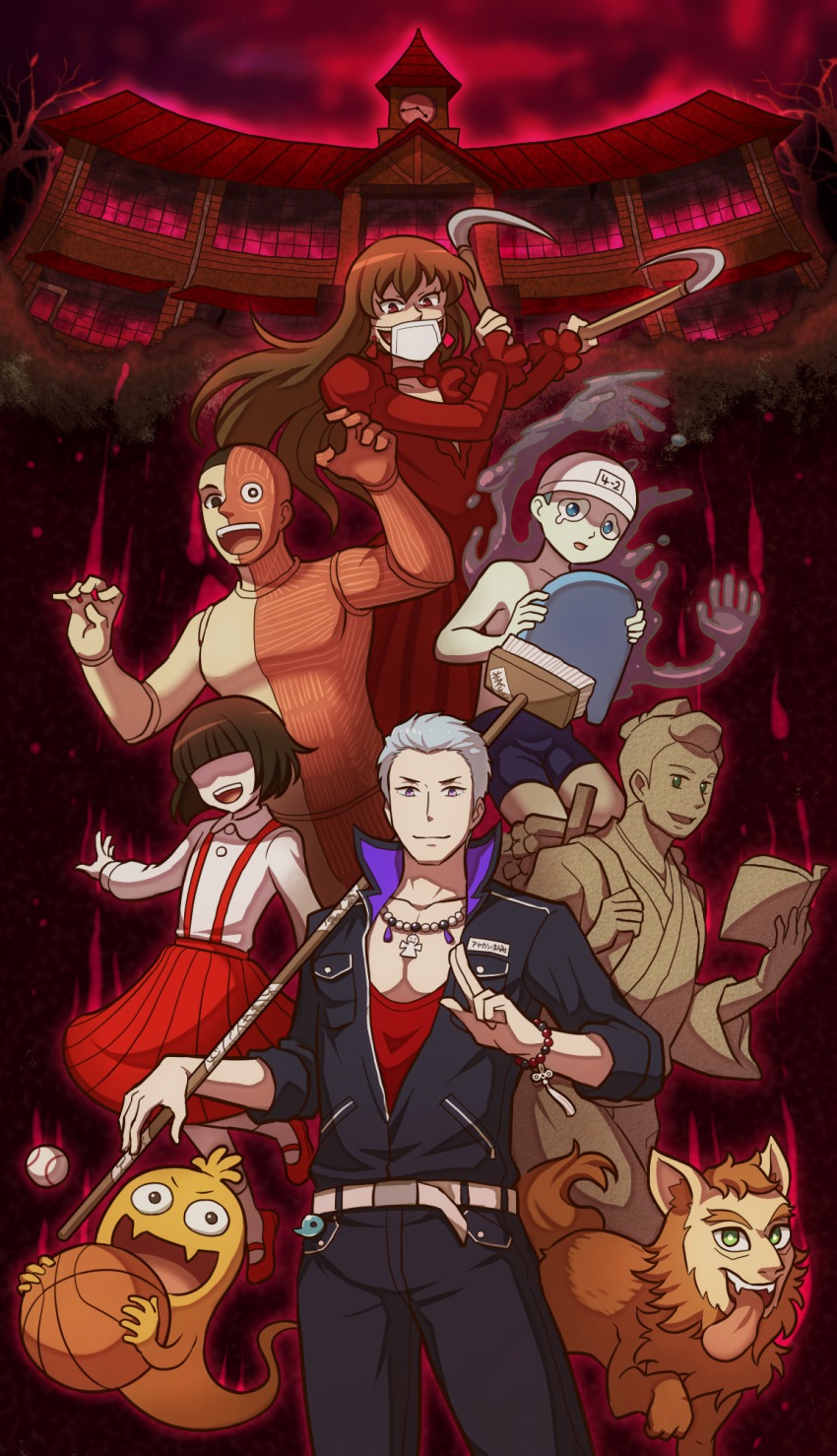 10s 2girls 4boys anatomical_model aopanda ball basketball basketball_(object) blush bracelet broom ghost grey_hair highres idolmaster idolmaster_side-m japanese_urban_legends jewelry jinmenken kuzunoha_amehiko monster multiple_boys multiple_girls necklace outdoors purple_eyes skirt sky smile toire_no_hanako-san traditional_youkai