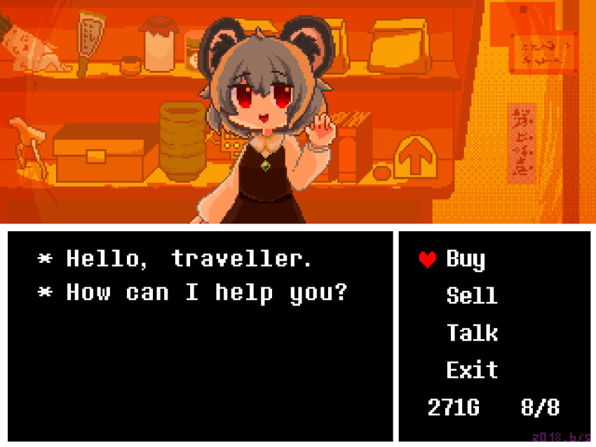 1girl algodoo animal_ear_fluff animal_ears arrow_(symbol) bag book box circled_9 commentary_request cookie_(touhou) cowboy_shot cup daikon dialogue_box dialogue_options dress english_text food fruit grater grey_dress grey_hair grey_vest heart highres jar long_sleeves looking_at_viewer makaarami manatsu_no_yo_no_inmu mandarin_orange miura_meat mouse_ears mouse_girl nazrin nyon_(cookie) open_mouth pixel_art radish red_eyes reu_daikon shelf shirt short_hair skirt skirt_set smile solo touhou undertale vest waving white_shirt yunomi
