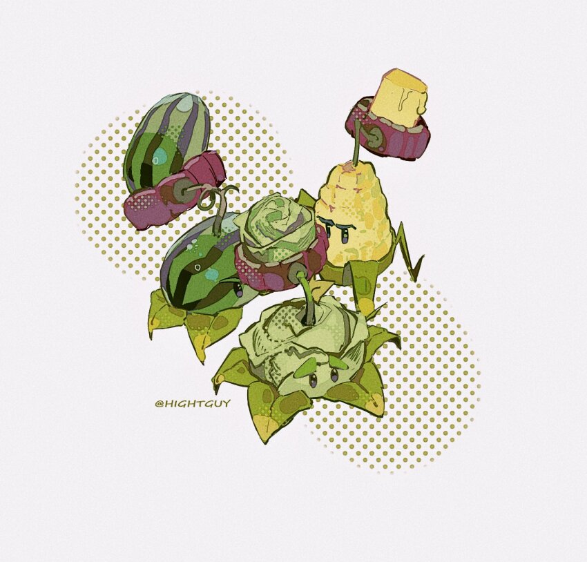 artist_name black_eyes butter cabbage cabbage-pult_(plants_vs._zombies) commentary food fruit halftone hashtag-only_commentary highres hightguy kernel-pult_(plants_vs._zombies) leaf melon-pult_(plants_vs._zombies) no_humans plant plants_vs._zombies watermelon white_background