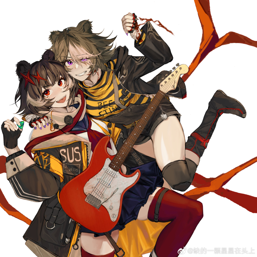2girls animal_ears arknights bear_ears beehunter_(arknights) black_footwear black_gloves black_jacket blood blue_sailor_collar blue_skirt boots brown_hair brown_scarf chinese_commentary commentary_request fang feiyu30903448 fingerless_gloves gloves grey_hair guitar hair_ornament highres holding holding_guitar holding_instrument holding_plectrum instrument jacket leto_(arknights) looking_at_viewer midriff_peek multicolored_hair multiple_girls nail_polish neckerchief open_clothes open_jacket open_mouth pleated_skirt plectrum purple_eyes purple_nails red_hair red_neckerchief red_thighhighs sailor_collar scarf school_uniform serafuku shirt short_hair simple_background skindentation skirt spiked_knuckles streaked_hair striped_clothes striped_shirt teeth thighhighs upper_teeth_only watermark weibo_watermark white_background white_shirt yellow_shirt zettai_ryouiki
