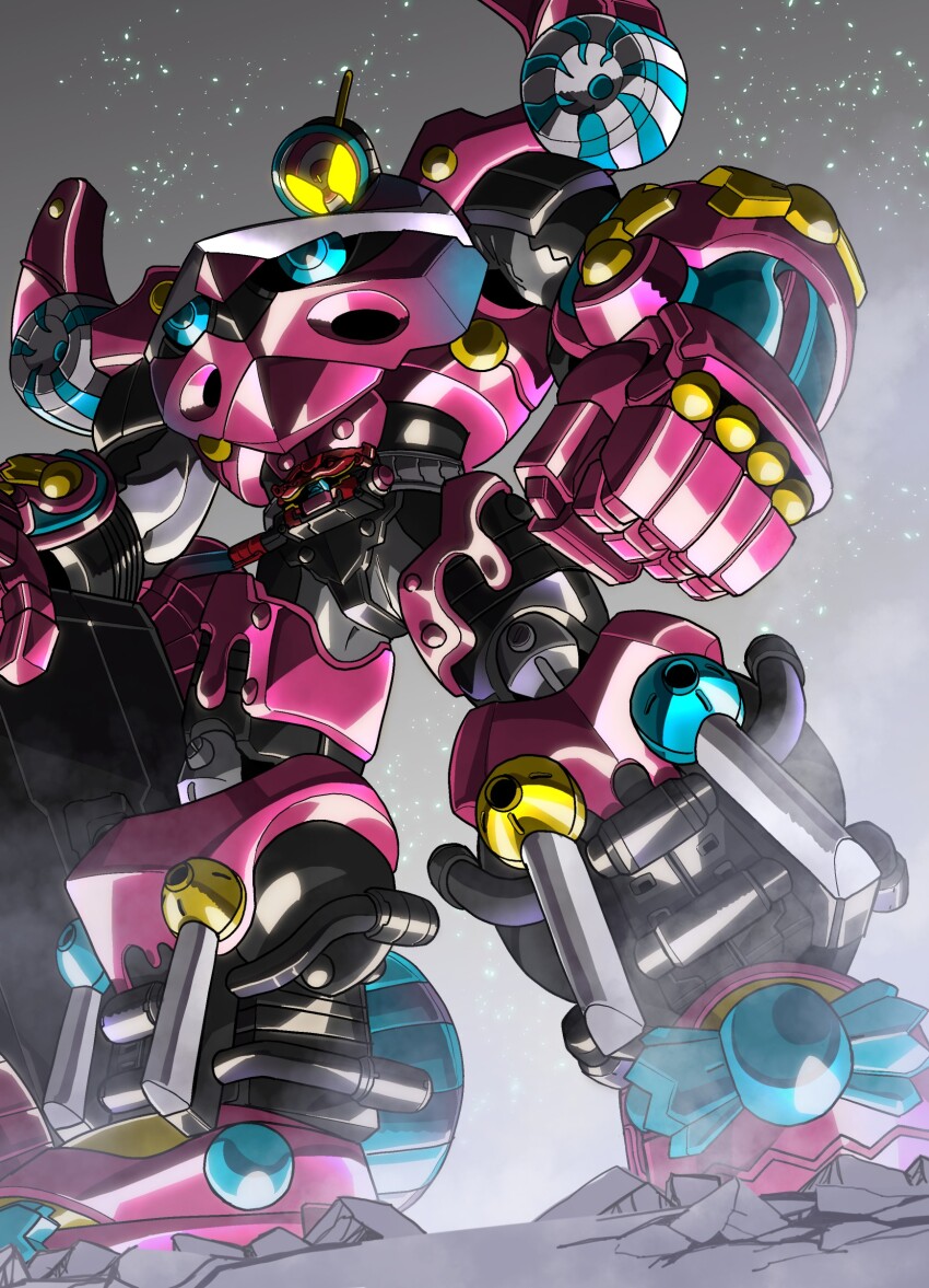 1boy absurdres amakawa_mayu armor clenched_hand crack cracked_floor glowing glowing_eyes grey_background highres kamen_rider kamen_rider_gavv kamen_rider_gavv_(series) light_particles male_focus planted_gun power_armor