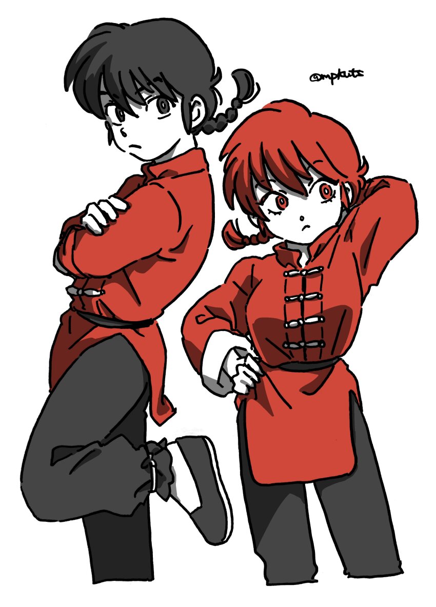 1boy 1girl absurdres arm_behind_head artist_name black_eyes black_hair black_pants braid dual_persona highres limited_palette looking_at_viewer mpkuts pants ranma-chan ranma_1/2 red_eyes red_hair red_shirt saotome_ranma shirt simple_background standing standing_on_one_leg white_background