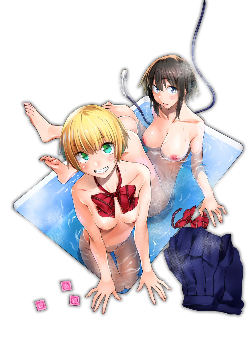 2girls absurdres barefoot bathing bathtub black_hair blonde_hair blue_eyes bow bowtie breasts commentary_request completely_nude condom eisuke_(gobangai_hole_boys) from_above full_body green_eyes highres large_breasts legs_up looking_at_viewer multiple_girls naked_bowtie nipples nude original partially_submerged short_hair skirt small_breasts smile thigh_gap toes unworn_skirt water
