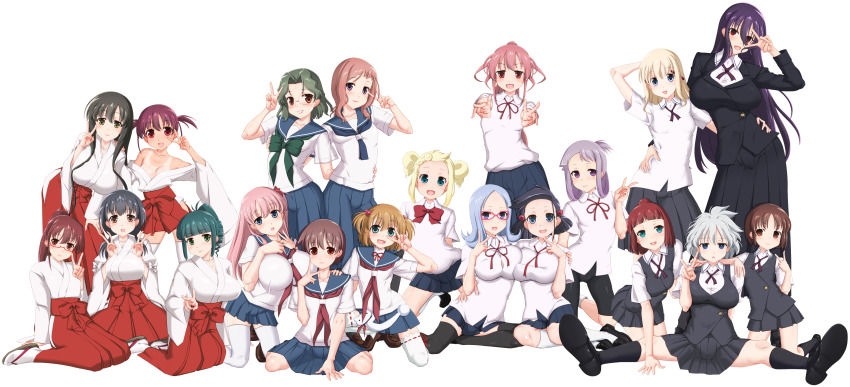 6+girls absurdres aislinn_wishart anetai_toyone arm_around_shoulder arm_around_waist arm_support arms_behind_back atago_hiroe atago_kinue bike_shorts black_footwear black_hair black_headwear black_jacket black_ribbon black_shorts black_thighhighs blazer blonde_hair blouse blue_eyes blue_neckerchief blue_sailor_collar blue_skirt blunt_bangs bow bowtie breasts brown_eyes brown_hair closed_mouth collared_shirt commentary double_v dress_shirt drill_hair green_bow green_hair grey_hair hair_between_eyes hair_bobbles hair_bun hair_intakes hair_ornament hair_ribbon hair_rings hakama hakama_skirt hand_on_another&#039;s_shoulder haramura_nodoka hat highres himematsu_school_uniform iwato_kasumi jacket japanese_clothes jindai_komaki kakura_kurumi karijuku_tomoe kataoka_yuuki kimono kiyosumi_school_uniform kneeling kosegawa_shiromi large_breasts leaning_forward loafers long_hair long_skirt long_sleeves looking_at_viewer low_twintails mase_yuuko medium_breasts medium_hair medium_skirt miko mikuru_beam miniskirt miyamori_school_uniform miyanaga_saki multiple_girls neck_ribbon neckerchief one-piece_tan open_mouth pink_hair pleated_skirt ponytail red-framed_eyewear red_bow red_bowtie red_eyes red_hair red_hakama red_neckerchief red_ribbon ribbon ribbon-trimmed_thighhighs ribbon_trim sailor_collar saki saki_(manga) saki_achiga-hen school_uniform semi-rimless_eyewear seushiki_(ponti-ron) shirt shoes short_hair short_sleeves short_twintails shorts siblings simple_background sisters sitting skirt small_breasts smile socks someya_mako spread_legs suehara_kyouko sun_hat takei_hisa takimi_haru tan tanline thighhighs twintails ueshige_suzu under-rim_eyewear usuzawa_sae usuzumi_hatsumi v very_long_hair wariza white_background white_kimono white_shirt white_socks white_thighhighs wing_collar