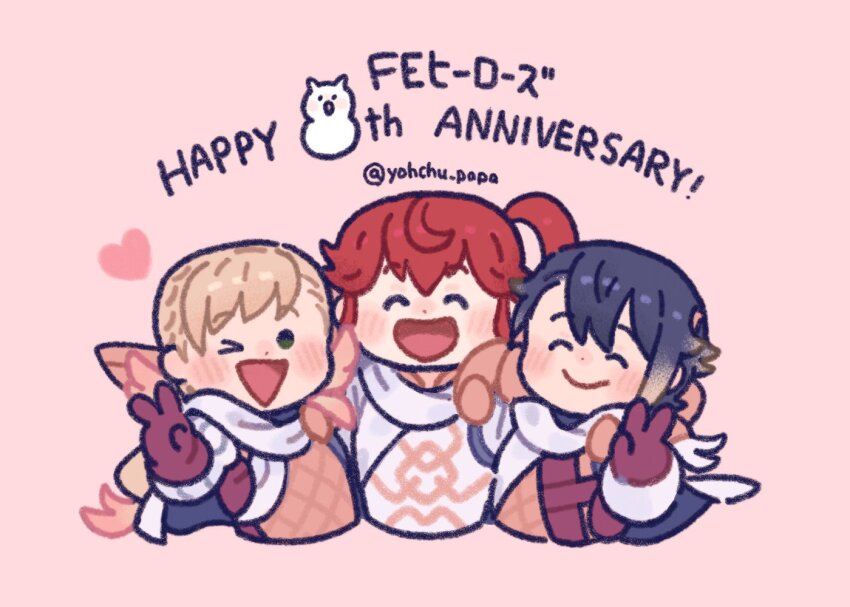 1boy alfonse_(fire_emblem) animal anna_(fire_emblem) anniversary armor bird blonde_hair blue_hair blush braid brother_and_sister cape feathers feh_(fire_emblem_heroes) fire_emblem fire_emblem_heroes gloves green_eyes hair_ornament happy_anniversary heart long_hair multicolored_hair multiple_girls mushi_rags nintendo one_eye_closed open_mouth owl ponytail red_hair scale_armor sharena_(fire_emblem) short_hair shoulder_armor siblings smile v