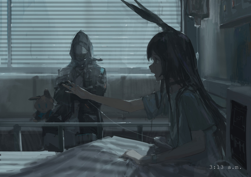 1girl 1other absurdres amiya_(arknights) animal_ears arknights backlighting bed bench black_coat cardiogram coat crying crying_with_eyes_open doctor_(arknights) from_side highres hood hood_up hooded_coat hooded_jacket hospital hospital_bed hospital_gown indoors intravenous_drip jacket long_hair muted_color open_mouth outstretched_hand profile rabbit_ears rabbit_girl short_sleeves sitting stuffed_animal stuffed_rabbit stuffed_toy tears timestamp under_covers window zygocactus