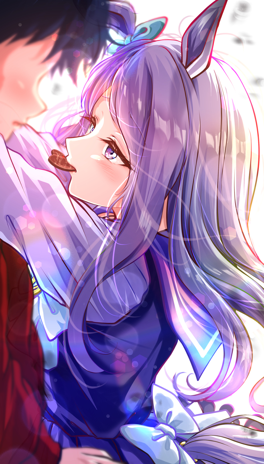 1boy 1girl absurdres animal_ears black_hair bow chocolate commentary_request ear_ribbon food_in_mouth highres horse_girl kakikakilemon long_hair long_sleeves looking_at_another mejiro_mcqueen_(umamusume) purple_eyes purple_hair purple_shirt shirt simple_background solo_focus umamusume valentine white_background white_bow