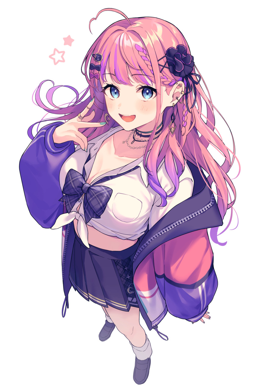 1girl ahoge amesuku_gyaru black_skirt blue_eyes blue_nails bow braid breasts choker cleavage collarbone collared_shirt commentary crop_top earrings gradient_hair gyaru hair_ornament hairclip hairpin heart heart_ahoge highres jacket jewelry kogal kuramochi_meruto kuramochi_meruto_(school_uniform) looking_at_viewer lq_saku midriff multicolored_hair nijisanji open_mouth pink_hair plaid_ribbon pleated_skirt ribbon school_uniform shirt simple_background single_braid skirt solo standing star_(symbol) tied_shirt virtual_youtuber w white_background white_shirt