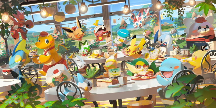 :3 :d :o absol apron artist_request ascot bewear blush blush_stickers ceiling_light chair chalkboard character-themed_food closed_eyes closed_mouth clothed_pokemon commentary dragonite eevee english_commentary fidough food fuecoco furret gen_1_pokemon gen_2_pokemon gen_3_pokemon gen_4_pokemon gen_5_pokemon gen_6_pokemon gen_7_pokemon gen_8_pokemon goomy half-closed_eyes hanging_plant hat highres indoors inteleon lapras legendary_pokemon mythical_pokemon nintendo no_humans official_art on_stool one_eye_closed open_mouth pachirisu pink_eyes plant pokemon pokemon_(creature) pokemon_cafe_remix pokemon_focus potted_plant psyduck quagsire quaxly red_apron red_ascot red_eyes red_hat scizor shaymin shaymin_(land) sleeping smile snivy sparkle sprigatito starter_pokemon_trio stool sylveon table third-party_source tooth whimsicott yamper zzz