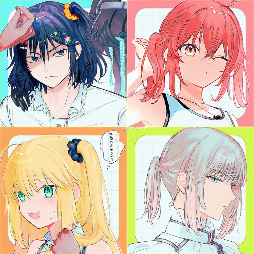 2boys 2girls ahoge artoria_caster_(fate) artoria_caster_(first_ascension)_(fate) artoria_pendragon_(fate) blonde_hair blue_eyes blush command_spell fate/grand_order fate_(series) fujimaru_ritsuka_(female) green_eyes grey_hair hair_between_eyes hair_ornament hair_scrunchie hairclip highres kr38roka looking_at_viewer medium_hair multiple_boys multiple_girls oberon_(fate) oberon_(second_ascension)_(fate) oberon_(third_ascension)_(fate) one_eye_closed one_side_up open_mouth orange_eyes orange_hair ponytail scrunchie shirt side_ponytail sweatdrop