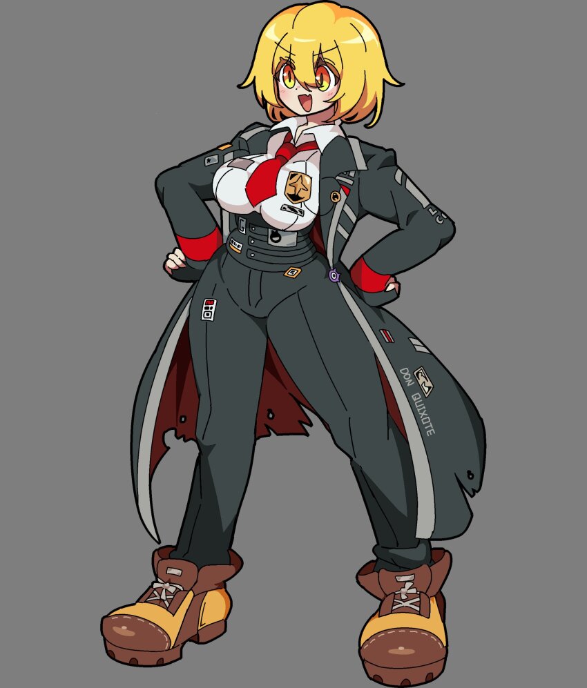 1girl absurdres aiguillette badge black_hair black_pants blonde_hair boots breasts brown_boots collared_shirt don_quixote_(project_moon) grey_background hands_on_own_hips high-waist_pants highres kekeken lapels large_breasts limbus_company necktie notched_lapels open_mouth pants project_moon red_necktie shirt simple_background smile solo sticker white_shirt yellow_eyes