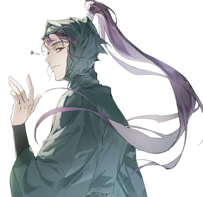 1boy character_request chhiii_o_o closed_mouth highres long_hair looking_at_viewer male_focus ponytail purple_eyes purple_hair rakudai_ninja_rantarou simple_background smile solo upper_body waving white_background