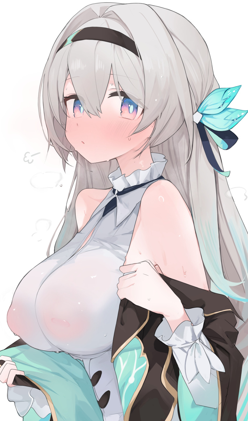 1girl aqua_ribbon bare_shoulders black_hairband black_jacket black_ribbon blue_pupils breasts firefly_(honkai:_star_rail) grey_hair grey_shirt hair_ornament hair_ribbon hairband highres honkai:_star_rail honkai_(series) inverted_nipples jacket large_breasts long_hair looking_at_viewer mikozin purple_eyes ribbon see-through_clothes see-through_shirt shirt simple_background solo sweat two-tone_ribbon upper_body white_background