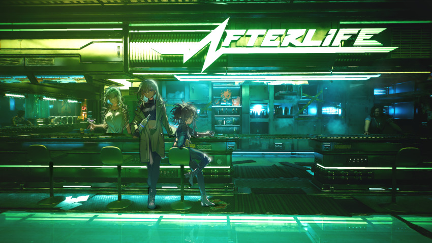 3girls angelia_(girls&#039;_frontline) bar_(place) bar_stool black_hair black_scapular blueblossom bottle breasts cocktail_glass commentary crop_top cup cyberpunk_(series) cyberpunk_2077 drinking_glass game_screenshot_background girls&#039;_frontline glass_bottle grey_hair highres holding holding_bottle indoors large_breasts long_hair mechanical_arms mechanical_legs midriff_peek multiple_girls neon_lights neon_sign ponytail prosthesis prosthetic_arm rpk-16_(boss)_(girls&#039;_frontline) rpk-16_(girls&#039;_frontline) scar scar_on_face scar_on_forehead screenshot_background segment_display shaw_(girls&#039;_frontline) short_hair single_mechanical_arm single_mechanical_leg sitting standing stool