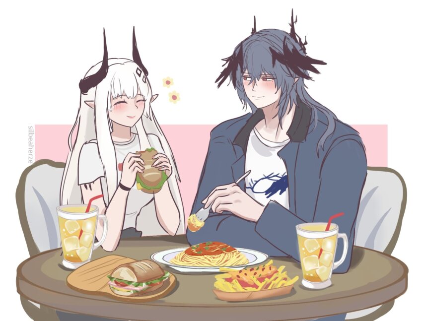 1boy 1girl arknights blue_hair blue_jacket blush closed_eyes closed_mouth contemporary cup dating demon_girl demon_horns drinking_straw flower_symbol food fork french_fries hair_ornament hands_up head_wings hetero highres holding holding_food holding_fork holding_sandwich horns ice ice_cube jacket logos_(arknights) long_hair looking_at_another material_growth mudrock_(arknights) mug official_alternate_costume on_chair open_clothes open_jacket oripathy_lesion_(arknights) pasta plate pointy_ears red_eyes round_table sandwich shirt short_sleeves silbeaherze sitting smile spaghetti t-shirt table white_hair white_shirt wings wooden_table wristband