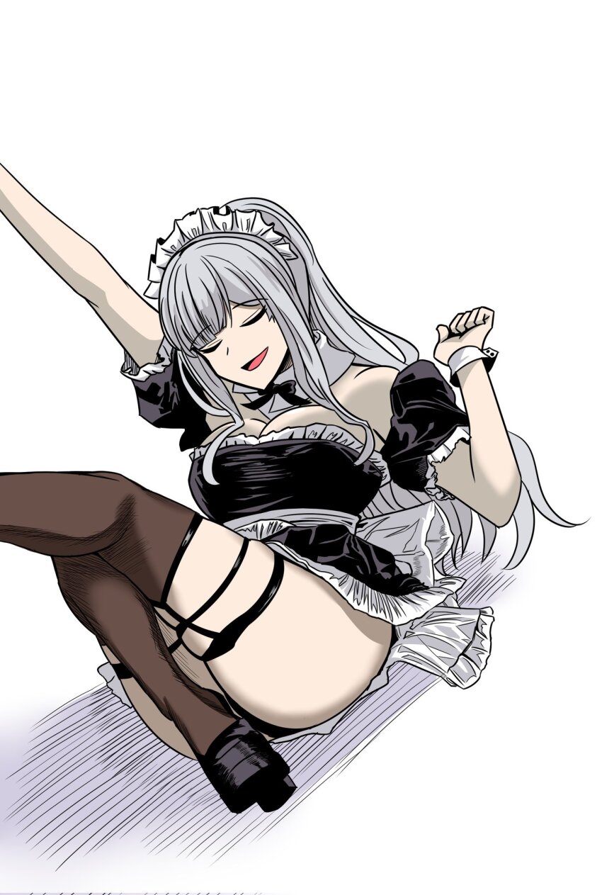 1girl ak-12_(girls&#039;_frontline) alternate_costume arm_up black_thighhighs breasts choebal1356201 closed_eyes detached_collar feet_out_of_frame full_body garter_straps girls&#039;_frontline grey_hair high_heels highres leg_up legs long_hair maid maid_headdress medium_breasts on_floor open_mouth ponytail short_sleeves sidelocks simple_background sitting smile solo thighhighs thighs white_background white_wrist_cuffs wrist_cuffs