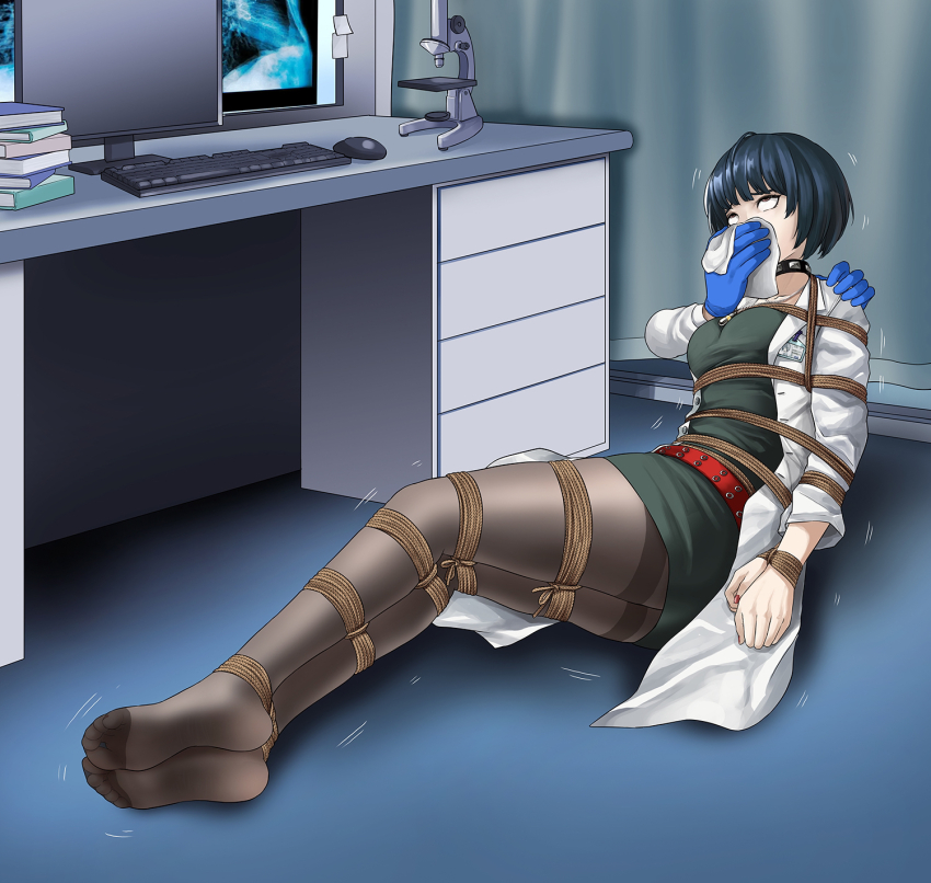 1girl arms_behind_back barefoot bdsm belt blue_hair bondage bound bound_ankles bound_arms bound_legs bound_wrists breasts brown_eyes chloroform choker coat covering_another&#039;s_mouth dress drugged green_dress hand_over_another&#039;s_mouth highres legs nurse on_floor persona persona_5 skirt sleepy struggling takemi_tae thighs white_coat yanx5