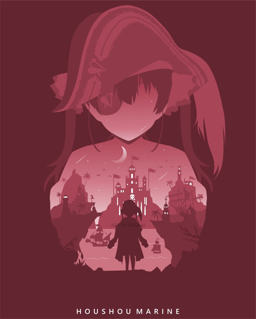 1girl absurdres artist_name castle character_name coat crescent_moon eyepatch flag highres hololive houshou_marine houshou_marine_(1st_costume) lighthouse long_hair moon multiple_views palm_tree rezami sailing_ship shooting_star silhouette star_(sky) tree twintails virtual_youtuber water watermark