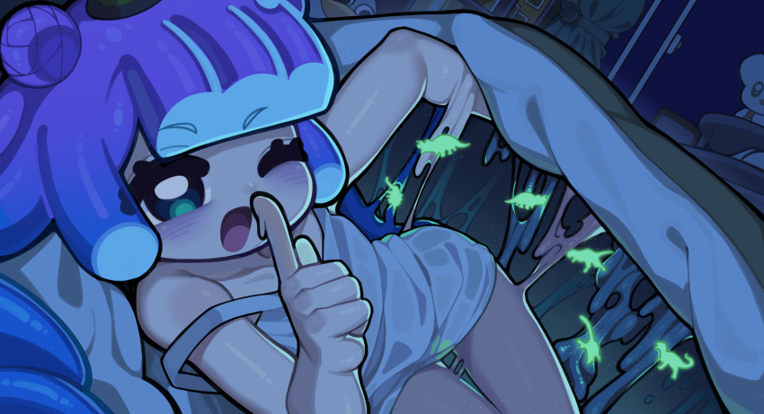 1girl aqua_eyes blunt_bangs collarbone commentary_request double_bun dress gradient_hair hair_bun highres index_finger_raised indoors kotoba_(1074421015) lifting_covers long_hair looking_at_viewer lying monster_girl multicolored_hair on_side one_eye_closed open_mouth pink_hair puniru_(puniru_wa_kawaii_slime) puniru_wa_kawaii_slime purple_hair sidelocks sleeveless sleeveless_dress slime_(substance) slime_girl smile solo strap_slip thigh_gap two-tone_hair under_covers white_dress