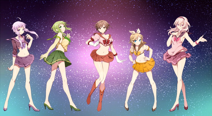 5girls ahoge bishoujo_senshi_sailor_moon blonde_hair blue_eyes boots bracelet breasts brown_eyes brown_hair cleavage cosplay crop_top crop_top_overhang crossover earrings elbow_gloves gahata_meiji gloves green_eyes green_gloves green_hair green_skirt gumi hair_between_eyes hair_ornament hair_ribbon hairband hairclip hand_on_own_chest hands_on_own_hips headband high_heels highres jewelry kagamine_rin kneehighs long_hair meiko_(vocaloid) midriff multiple_girls navel pink_hair pink_skirt purple_eyes purple_hair purple_skirt red_footwear red_skirt ribbon sailor_collar sailor_senshi sailor_senshi_(cosplay) short_hair short_hair_with_long_locks short_sleeves sideboob skirt sleeveless smile socks toudou_charo twintails unofficial_sailor_senshi_uniform utau vocaloid voiceroid white_gloves white_ribbon yuzuki_yukari