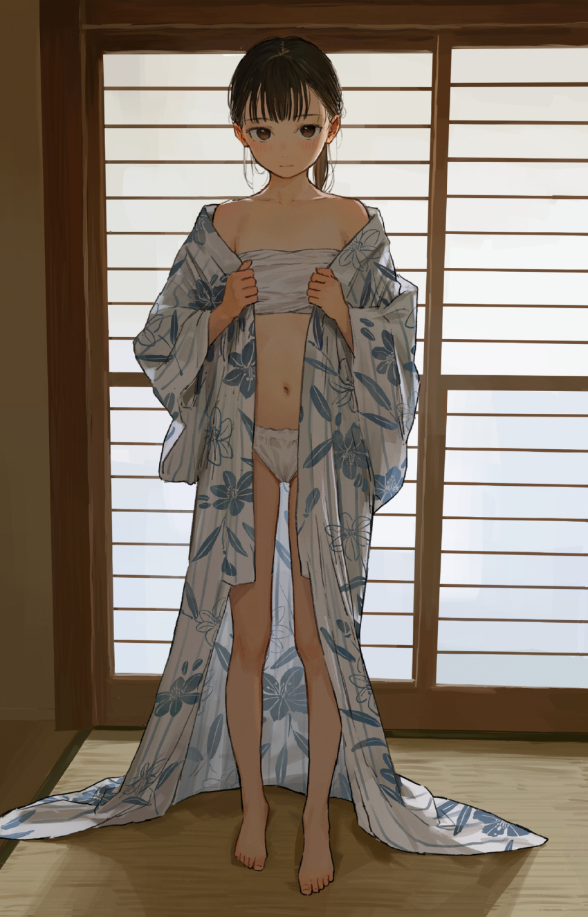 1girl akipeko backlighting bare_legs bare_shoulders black_hair choppy floral_print full_body highres japanese_clothes kimono loli looking_at_viewer navel open_clothes open_kimono original panties ponytail standing tatami underwear white_kimono white_panties window