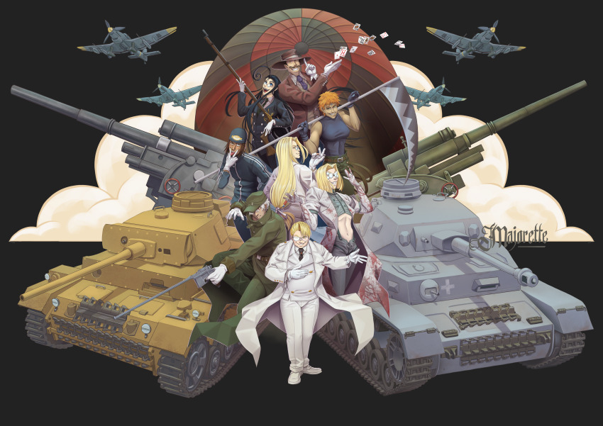 2girls 5boys 88_flak absurdres aircraft anti-aircraft anti-aircraft_gun artist_name beanie belt black_hair black_suit blonde_hair blood blood_on_clothes brothers captain_(hellsing) card cigar coat dirigible doctor_(hellsing) fedora floating_card formal_clothes glasses gloves grin gun handgun hat hellsing highres holding holding_card jacket jan_valentine ju_87 lapels lip_piercing long_hair looking_at_viewer luke_valentine major_(hellsing) majorette_(artist) mauser_c96 military_uniform military_vehicle millenium_(hellsing) motor_vehicle multiple_boys multiple_girls nazi necktie notched_lapels panzer_iii panzer_iv piercing pinstripe_pattern pinstripe_shirt playing_card red_eyes rip_van_winkle_(hellsing) sam_browne_belt shirt short_hair siblings smile smoking suit suit_jacket tank transparent_background tubalcain_alhambra weapon white_gloves white_hair world_war_ii zorin_blitz