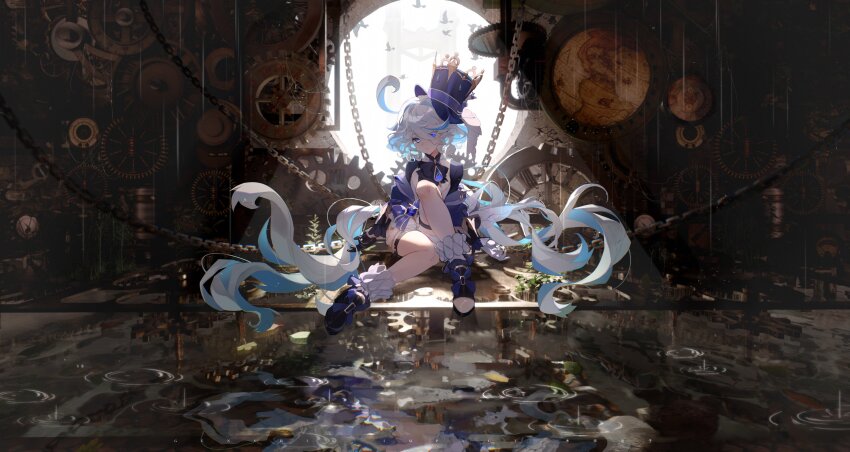1girl absurdres ahoge ascot black_ascot blue_eyes chain commentary_request drop-shaped_pupils furina_(genshin_impact) gears genshin_impact hair_between_eyes hat heterochromia highres indoors jewelry long_hair long_sleeves looking_at_viewer low_twintails mismatched_pupils multicolored_hair shoes short_shorts shorts sidelocks sitting snowflake_(diodarja) socks solo streaked_hair symbol-shaped_pupils thighlet top_hat twintails two-tone_hair wavy_hair white_shorts white_socks window