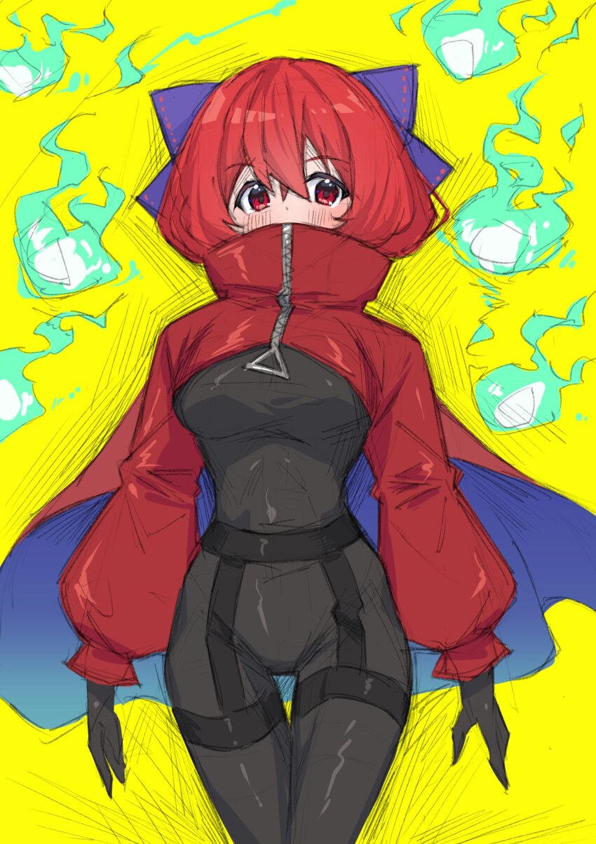 1girl adapted_costume akatsuki_records black_bodysuit black_gloves blue_bow blue_cape blush bodysuit bow cape catsuit cloak covered_mouth cowboy_shot elbow_gloves gloves hair_bow highres hitodama latex latex_bodysuit latex_gloves latex_legwear latex_suit long_glove long_sleeves puffy_sleeves punidayo red_cape red_cloak red_eyes red_hair ribbon-trimmed_bow ribbon_trim rock_&#039;n&#039;_rock_&#039;n&#039;_beat sekibanki short_hair simple_background sketch skin_tight solo touhou two-sided_cape two-sided_fabric two-tone_cape yellow_background zipper zipper_pull_tab