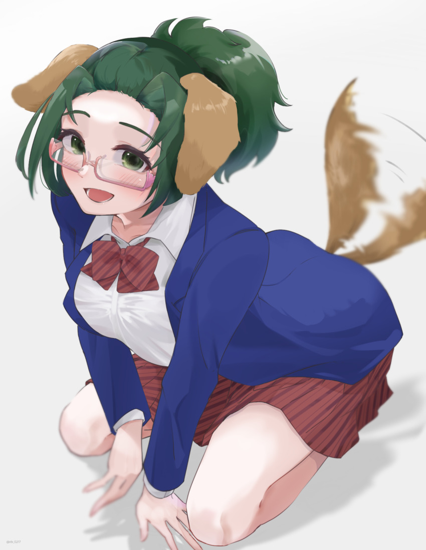 1girl agari_himiko animal_ears blazer blue_jacket blush bow breasts collared_shirt diagonal-striped_clothes diagonal-striped_skirt dog_ears ebi_0217 glasses green_eyes green_hair highres jacket komi-san_wa_komyushou_desu large_breasts looking_at_viewer medium_hair ponytail school_uniform shirt simple_background sitting striped_bow striped_clothes thighs white_shirt