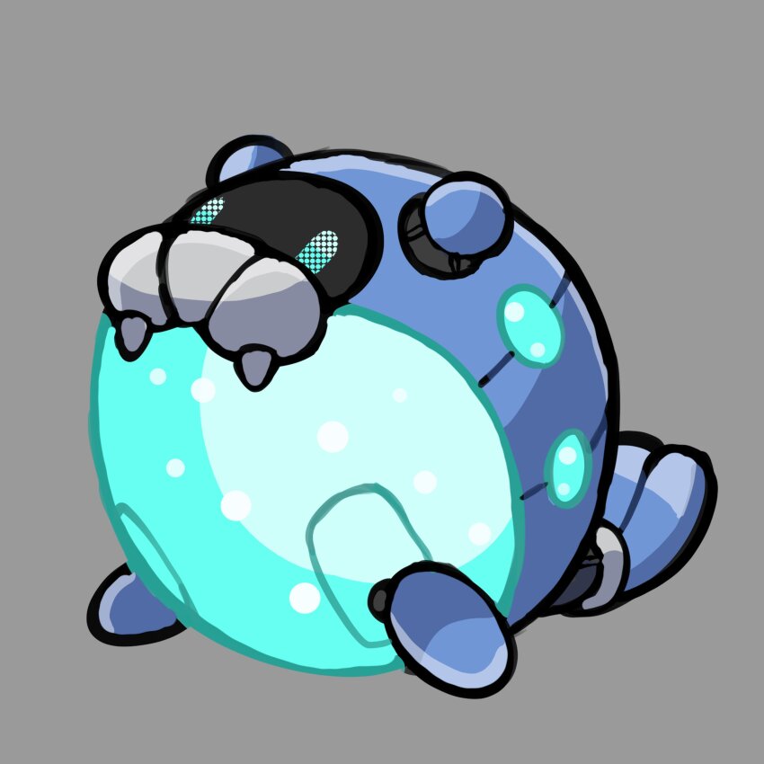 absurdres adoptable blue_eyes commentary english_commentary fakemon full_body game_freak gen_3_pokemon grey_background highres nintendo no_humans non-humanoid_robot original pixel_eyes pokemon pokemon_(creature) pokemon_focus rgreywind robot robot_animal simple_background solo spheal