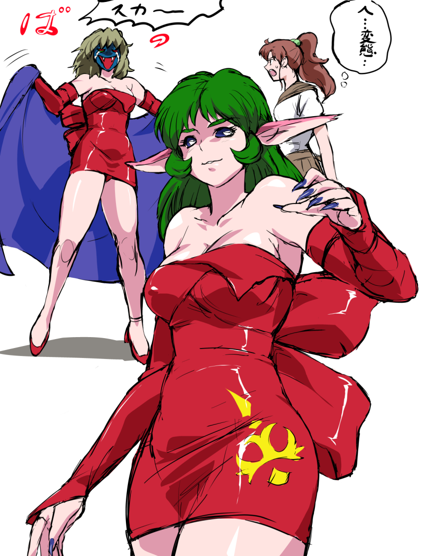 ! !! 2girls alternate_form bare_legs bishoujo_senshi_sailor_moon bishoujo_senshi_sailor_moon_s breasts brown_hair cleavage colored_skin curvy daimon_(sailor_moon) demon_girl dress fangs fighting full_body green_eyes green_hair highres kino_makoto large_breasts long_hair mamesi_(suhk8583) medium_breasts multiple_girls multiple_views pink_skin pointy_ears ponytail ryona scar_(sailor_moon) school_uniform shiny_clothes shiny_skin short_dress translation_request undressing white_background wide_hips