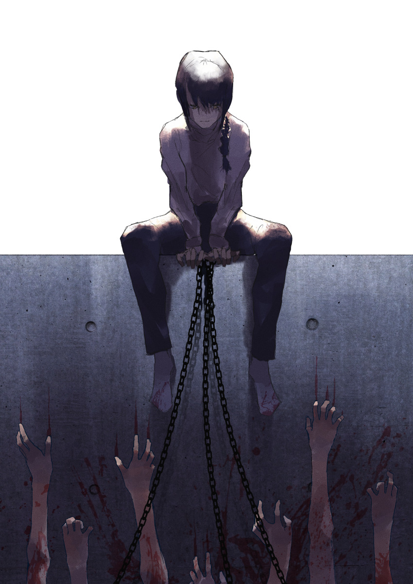 1girl absurdres black_hair black_pants blood blood_on_wall braid chain chainsaw_man highres kuromakigaeru multiple_others nayuta_(chainsaw_man) pants single_braid sitting sitting_on_wall socks solo_focus sweater white_background white_socks white_sweater