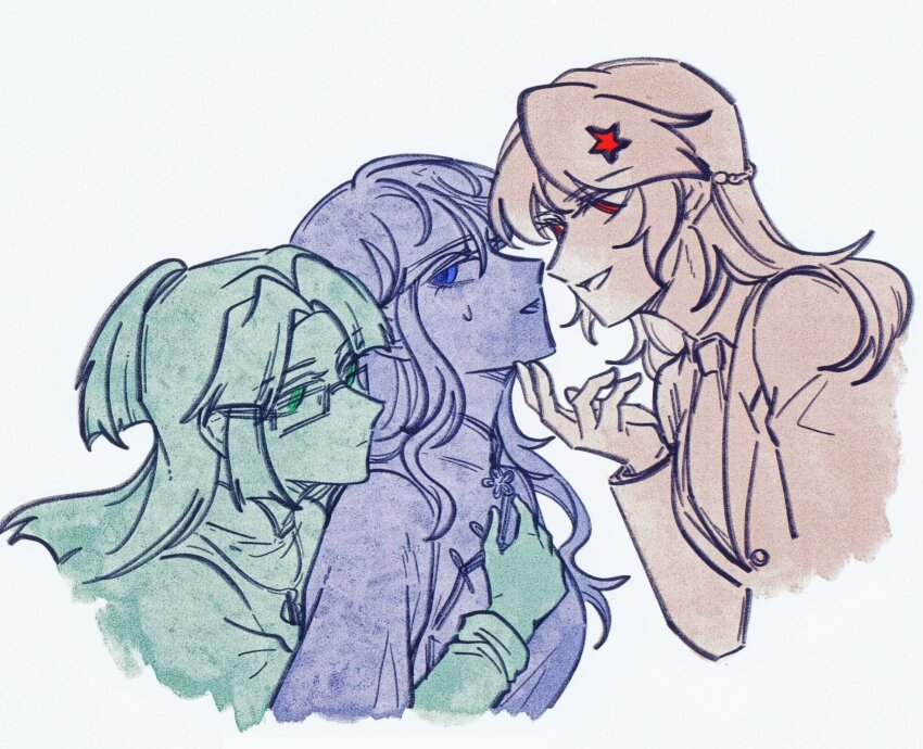 3girls blunt_ends china_dress chinese_clothes closed_mouth collared_dress cpc_(tkotu) dpp_(tkotu) dress expressionless hair_ornament half_updo hand_on_another&#039;s_chest hand_on_another&#039;s_chin hand_up highres jacket kmt_(tkotu) limited_palette long_hair long_sleeves multiple_girls necktie parted_bangs parted_lips partyhumans pointing pointing_at_another red_eyes simple_background smile spot_color star_(symbol) star_hair_ornament sweatdrop tkotu white_background yuri